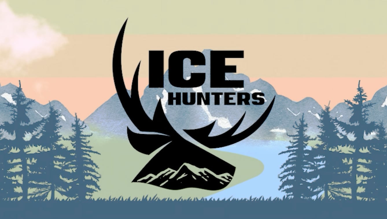 Ice Hunters logo over an illustration of a stream running toward mountains