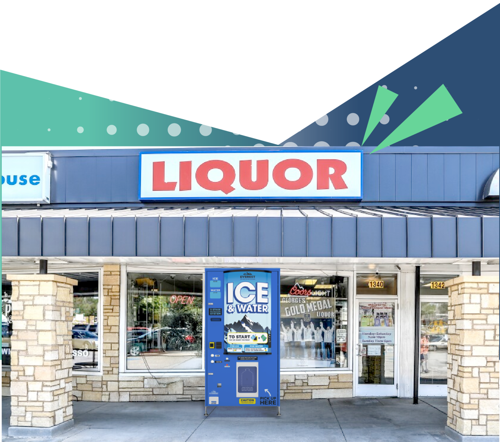 An Everest Ice and Water vending machine in front of a liquor store